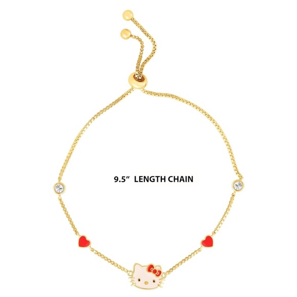 Hello Kitty Bracelet with Crystals + Red Hearts, 18k Gold Flash-Plate - Picture 2 of 7
